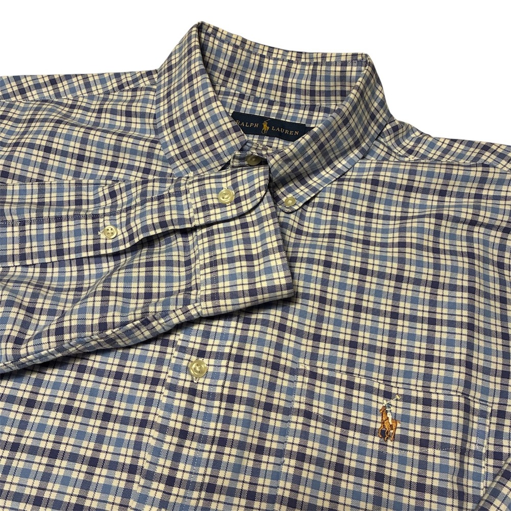 Ralph Lauren Mens Blue Plaid Button Down Shirt Long Sleeve Flesh Pony Size Large